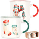 Grote Kerst Mokken Porselein – 300 ML – Set van 2 – Sneeuwpop Kerstboom Kerstsokken Design