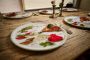 Set van 6 Grote Pizzaborden Ø 33 cm – Porselein – Italiaanse Print met Rode Rand – Voor de Ultieme Pizza-Avond